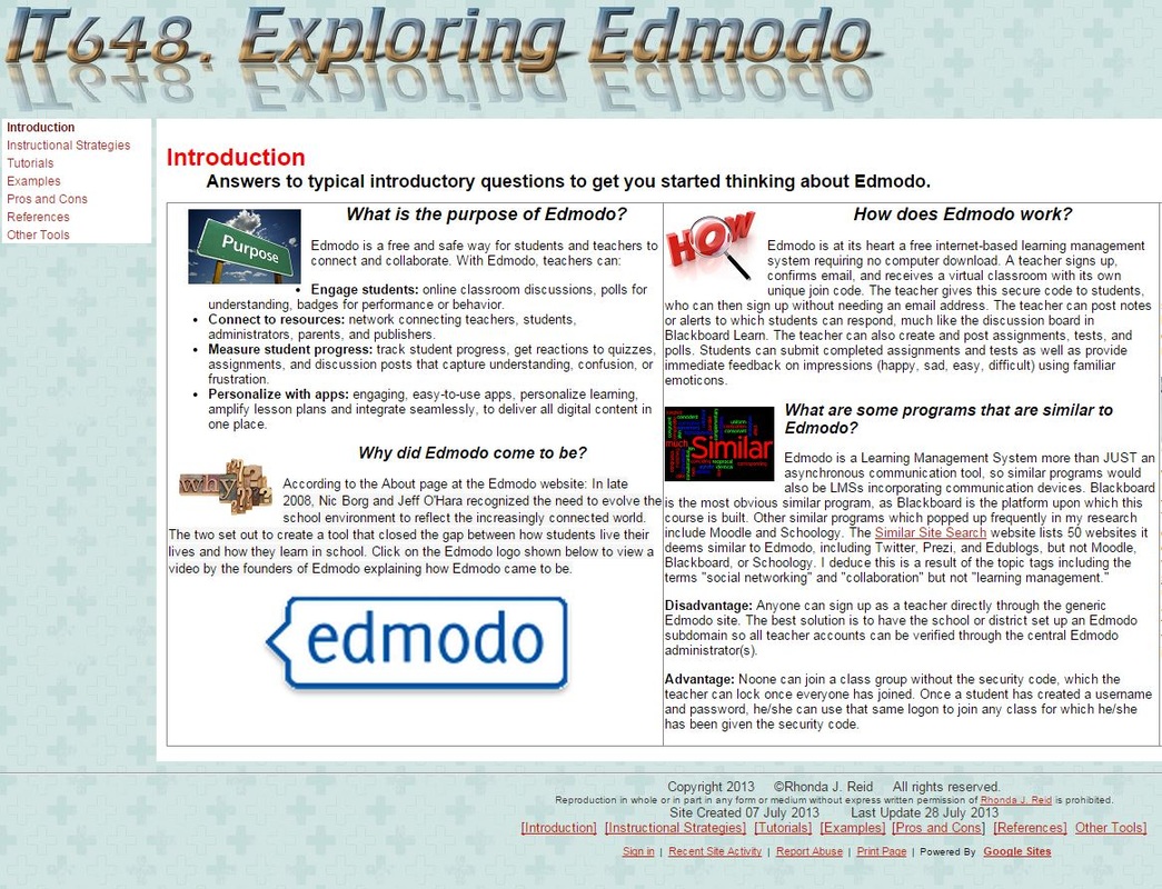Picture of and link to my evaluation reflection on the Edmodo LMS for IT648