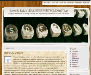 Picture of and link to the homepage for Rhonda Reid's learning blogfolio created for IT645 at USM